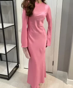 8sQRTossy Satin Fashion Slim Maxi Dress For Women Long Sleeve High Waist Elegant Solid Party Dress