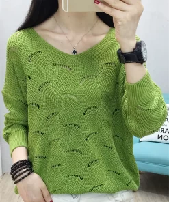 92buAutumn Winter V neck Elegant Sweet Knitting Hollow Out Top Women Solid Casual Sweater Ladies Korean