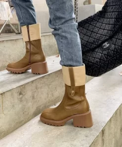 95RWWomen Chunky Platform Combat Boots Autumn New Brown Fashion Boots Woman Vintage Square Toe Mid calf