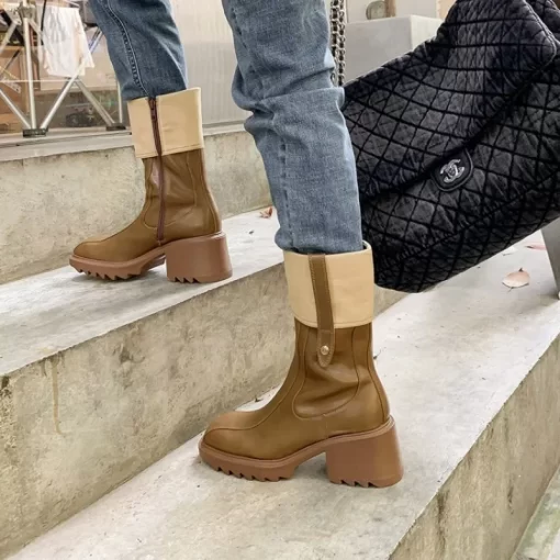 95RWWomen Chunky Platform Combat Boots Autumn New Brown Fashion Boots Woman Vintage Square Toe Mid calf