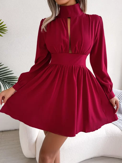 9CLo2023 Women Autumn Casual Hollow Out Long Sleeve A Line Dress Black Red White