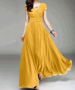 9fXUElegant Maxi Dresses For Women Summer 2023 V Neck Solid Color Short Sleeve Chiffon Waist Closing