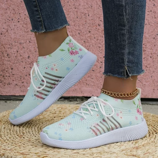AM9GRimocy Fashion Printed Knitted Sneakers Women 2023 New Lightweight Breathable Flats Woman Lace Up Non Slip