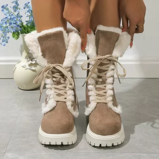 CFRiThicken Plush Snow Boots for Women Winter Faux Fur Platform Ankle Boots Woman Mid calf Lace