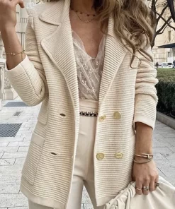 EIyfWomen Double Breasted Button Solid Color Autumn Winter Blazer Jacket Fashion Casual Long Sleeve Coat Cardigan