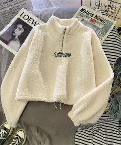 FKXFWomen s Hoodie Lamb Wool Short Half High Collar Sweatshirt Velvet Thick Loose Ladies Sweater Korean