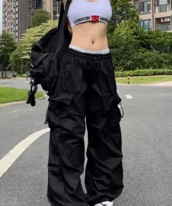 FT9CY2K Parachute Black Pants Women Hippie Streetwear Oversize Pockets Cargo Trousers Harajuku Wide Leg Baggy Sweatpants