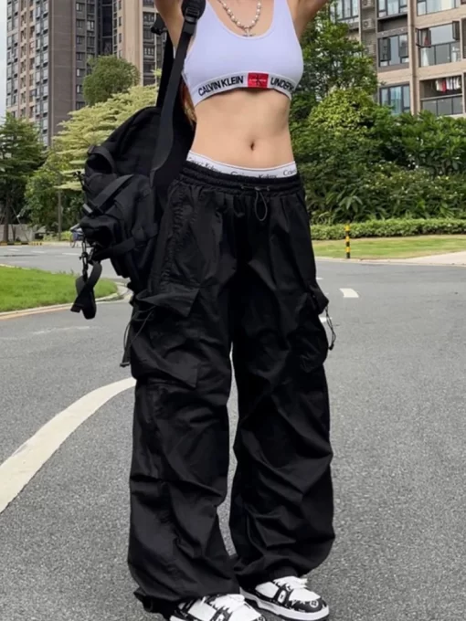 FT9CY2K Parachute Black Pants Women Hippie Streetwear Oversize Pockets Cargo Trousers Harajuku Wide Leg Baggy Sweatpants