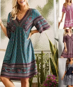 Fashionable Ethnic Style Women s 2023 Summer New Casual Pullover Sexy V Neck Panel A Line.jpg