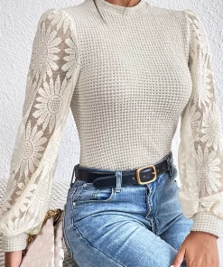 GCuFElegant Lace Women s Sweater Fashion Knitted Long Sleeve Tops Casual Pink O neck Pullovers Autumn