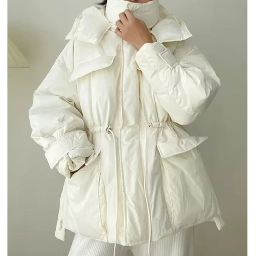 H7kiWinter Hooded Parkas Warm Jacket Women Down Cotton Coat Irregular Fluffy Bubble Drawcord Waist Outwear