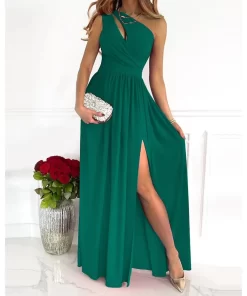 HA2JElegant Women s Dress 2023 Summer Solid Color Hollow Out Splice Sexy Oblique Shoulder High Waist