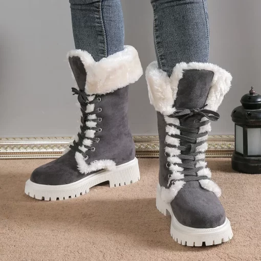 HH72Thicken Plush Snow Boots for Women Winter Faux Fur Platform Ankle Boots Woman Mid calf Lace