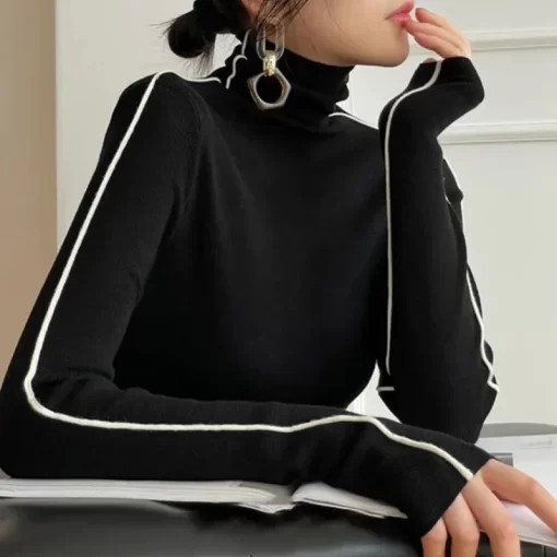 HNKVPullovers Women Striped Turtleneck Warm Knitted Sweaters Autumn Y2K Elegant Korean Office Ladies Simple Design Bottom