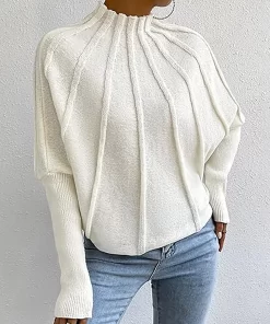 KAuSLoose Fitting Sweater Pullover Women Turtleneck Knit Elastic Pullovers Jumper Casual Thick Warm White Basic Jumpers