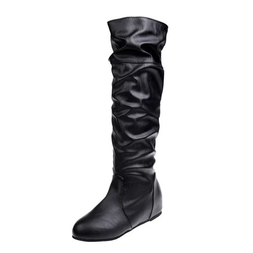 KCo1Autumn New Women s Thigh High Boots Fashion Plus Size Pionted Toe Wrinkle Flat Knee High