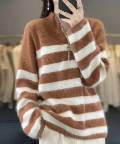 KegSAutumn Winter Half High Collar Mink Fleece Sweater Women s Half Zippered Cashmere Pullover Contrast Large