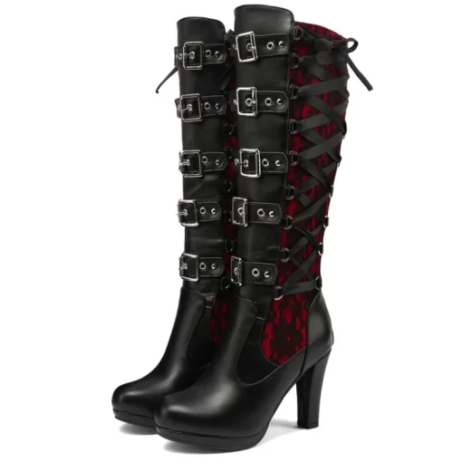 MH4RWomen Black Lace High Boots Square Toe Thick Sole Lace Up Multi belt Buckle Fashion Street