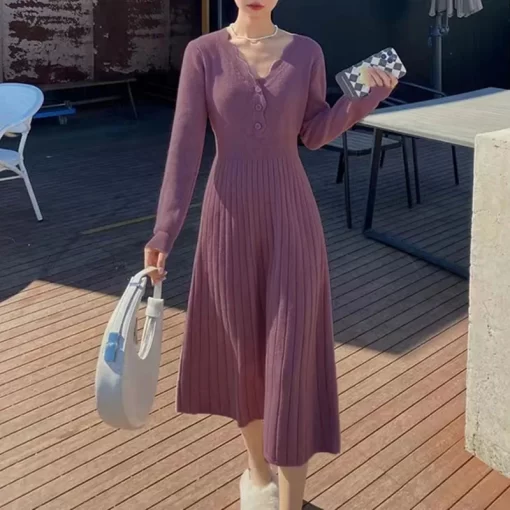 MLefSweater Midi Dress For Woman 2023 Casual Autumn Winter Knitted Korean Fit and Flare Big Swing