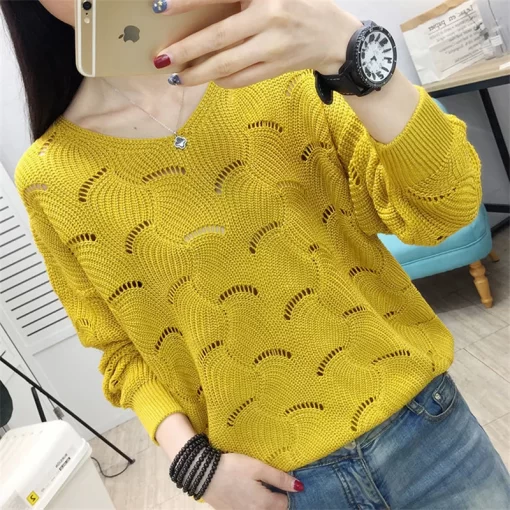 MeikAutumn Winter V neck Elegant Sweet Knitting Hollow Out Top Women Solid Casual Sweater Ladies Korean