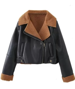MuBX2023 Autumn and Winter New Women s Fashion Versatile Fleece Motorcycle Jacket Faux Leather Short Coat