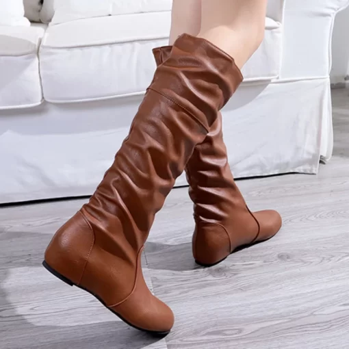 MvRSAutumn New Women s Thigh High Boots Fashion Plus Size Pionted Toe Wrinkle Flat Knee High
