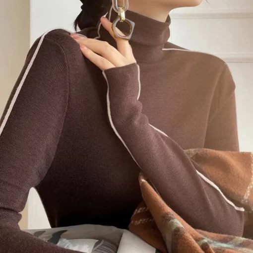 NMoMPullovers Women Striped Turtleneck Warm Knitted Sweaters Autumn Y2K Elegant Korean Office Ladies Simple Design Bottom