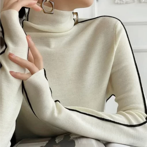 OP0bPullovers Women Striped Turtleneck Warm Knitted Sweaters Autumn Y2K Elegant Korean Office Ladies Simple Design Bottom