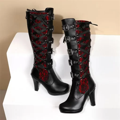 QXuNWomen Black Lace High Boots Square Toe Thick Sole Lace Up Multi belt Buckle Fashion Street
