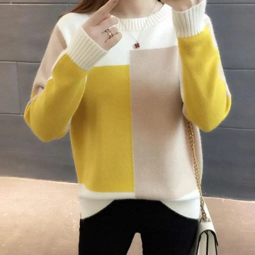 QbimFIGOHR Women s Knitted O Neck Color Contrast Sweater Loose Long Sleeve Wool Pullover for Autumn