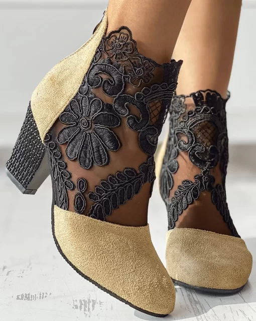RoTdWomen Fashion High Heel Point Toe Daily Wear Shoes Lace Patch Floral Pattern Chunky Heel Ankle