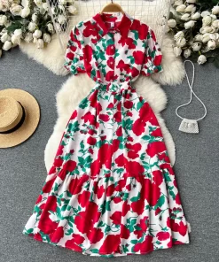 S4KzYuooMuoo Women Dress 2023 Summer Fashion Lady Elegant Vintage Floral Print Long Shirt Dress with Belt