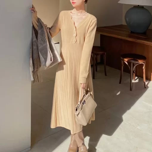SwmcSweater Midi Dress For Woman 2023 Casual Autumn Winter Knitted Korean Fit and Flare Big Swing