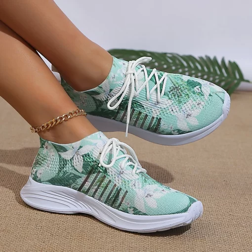 TI0RRimocy Fashion Printed Knitted Sneakers Women 2023 New Lightweight Breathable Flats Woman Lace Up Non Slip