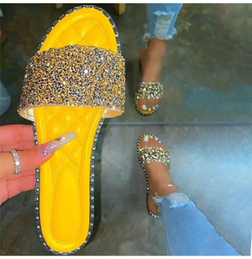 UwtrWomen Crystal Slippers Ladies Bling Flats Female Fashion Outdoor Beach Shoes Female Footwear Women Summer Slides
