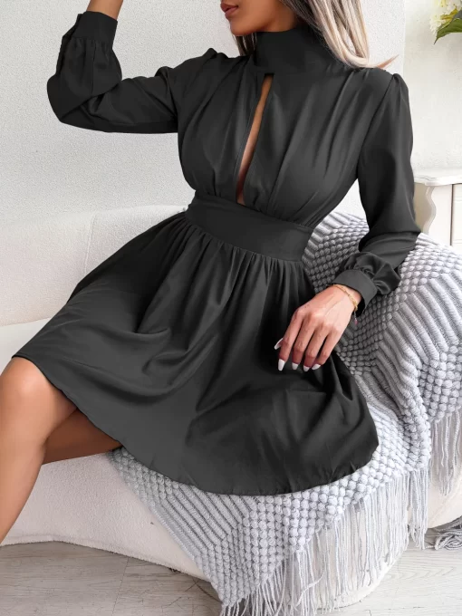 VB5p2023 Women Autumn Casual Hollow Out Long Sleeve A Line Dress Black Red White