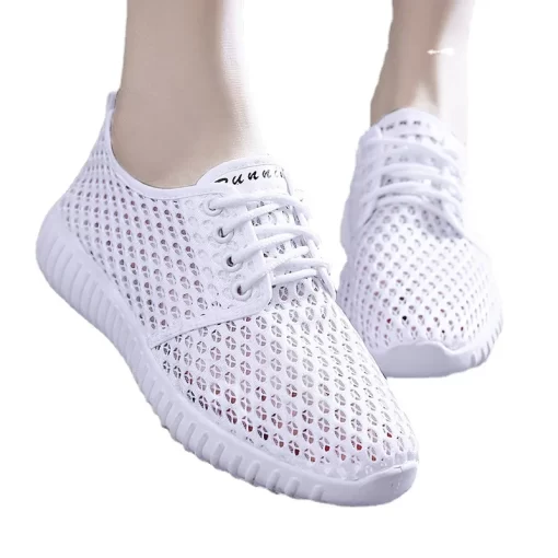 WavBWomens Shoes Hollow Out Breathable Lace Up Flats Breathable Mesh Lightweight Shoes Casual All match Sneakers