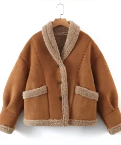 WmEmWomen Lamb Wool Coat 2023 Autumn Winter Casual Long Sleeve Pocket Turndown Collar Female Coats Fashion