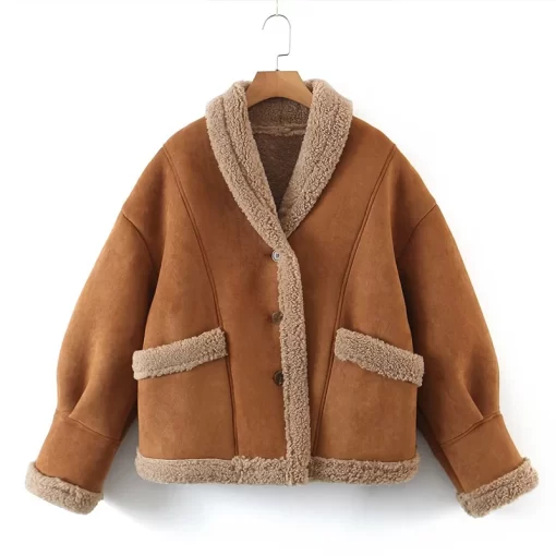 WmEmWomen Lamb Wool Coat 2023 Autumn Winter Casual Long Sleeve Pocket Turndown Collar Female Coats Fashion