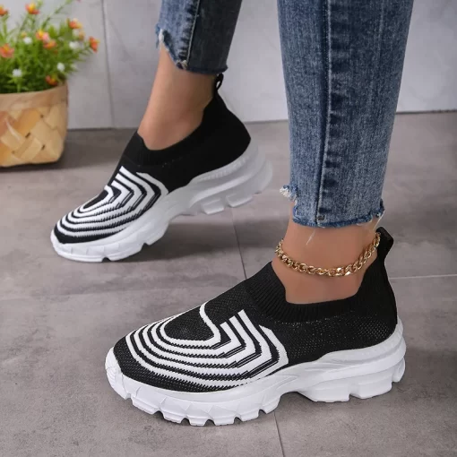 XYpxRimocy Striped Knitted Sneakers Women Breathable Mesh Sports Shoes Woman Plus Size Slip On Autumn Platform