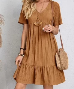 XkKkWomen Elegant V Neck Ruffles Mini Dress Summer Vintage Solid Loose Sundress Bohemian Casual Solid Beach