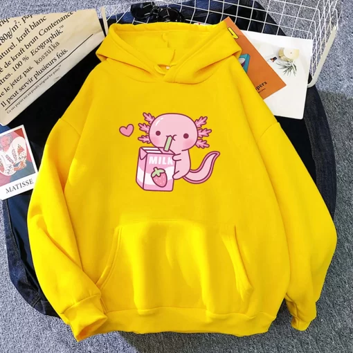 YV6oAnime Axolotl Loves Strawberry Milk Doodle Hoodie Kawaii Hoodies Winter Women Spring Autumn Unisex Sweatshirt Harajuku