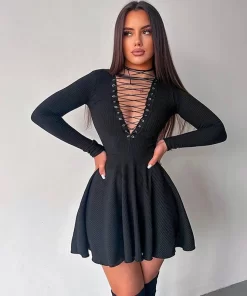 ZLqCCryptographic Sexy Bandage A Line Mini Dress Elegant Fashion Club Outfits Lace Up Long Sleeve Dresses
