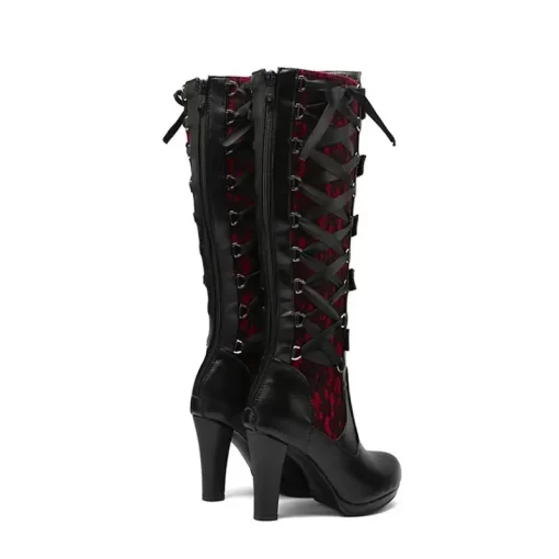 a4mZWomen Black Lace High Boots Square Toe Thick Sole Lace Up Multi belt Buckle Fashion Street