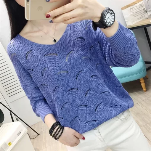aEHmAutumn Winter V neck Elegant Sweet Knitting Hollow Out Top Women Solid Casual Sweater Ladies Korean