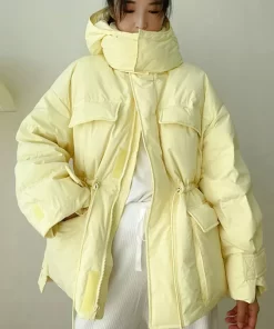 bD71Winter Hooded Parkas Warm Jacket Women Down Cotton Coat Irregular Fluffy Bubble Drawcord Waist Outwear