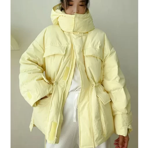 bD71Winter Hooded Parkas Warm Jacket Women Down Cotton Coat Irregular Fluffy Bubble Drawcord Waist Outwear