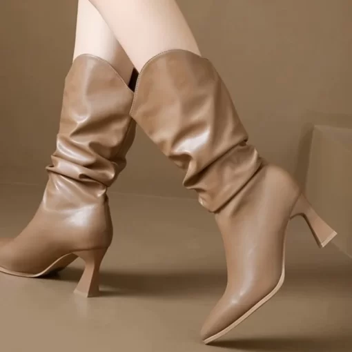 byvwSexy Pleated Chelsea Mid Calf Boots Women High Heels Shoes 2023 Winter Trend New Pointed Toe