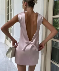 cPRYTARUXY Satin Mini Dress For Women Sexy Backless Bow Clothes Sleeveless Tank Dresses Femme 2023 Party