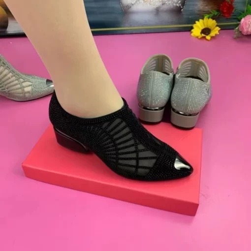 dDWdWomen s pointy sandals Breathable mesh bow rhinestone transparent elegant middle heel shoes Mesh sandals
